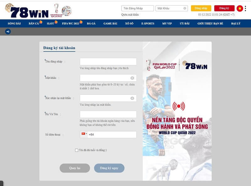 Hướng dẫn cách đăng ký tài khoản nhà cái 78Win để chơi Casino Online